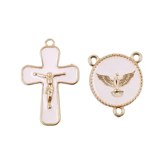 Kit Crucifixo E Entremeio (Espirito Santo) Para Terco Em Zamac Com 05 Pares