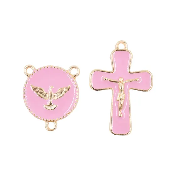 Kit Crucifixo E Entremeio (Espirito Santo) Para Terco Em Zamac Com 05 Pares