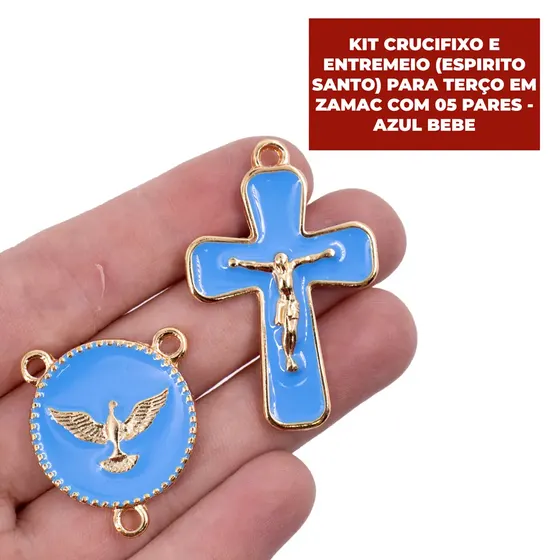 Kit Crucifixo E Entremeio (Espirito Santo) Para Terco Em Zamac Com 05 Pares - Azul Bebe