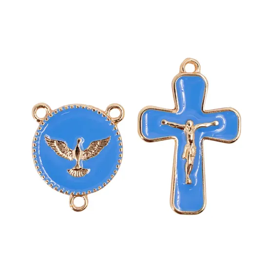 Kit Crucifixo E Entremeio (Espirito Santo) Para Terco Em Zamac Com 05 Pares - Azul Bebe