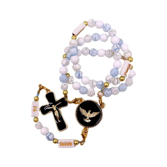 Kit Crucifixo E Entremeio (Espirito Santo) Para Terco Em Zamac Com 05 Pares