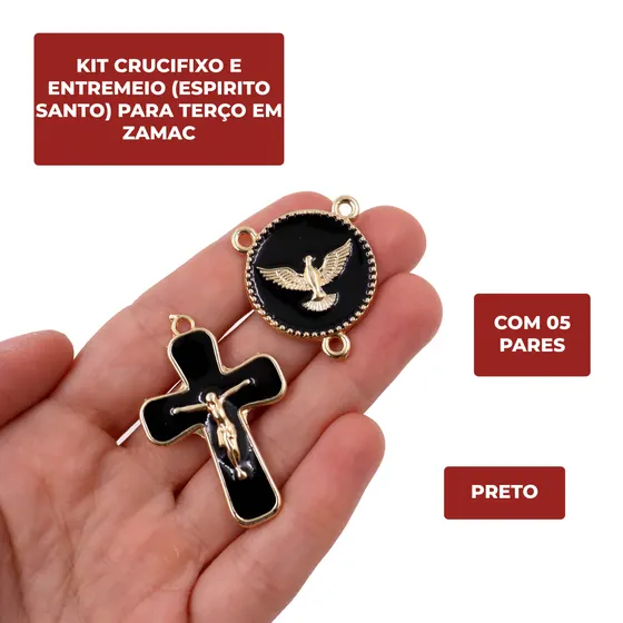 Kit Crucifixo E Entremeio (Espirito Santo) Para Terco Em Zamac Com 05 Pares