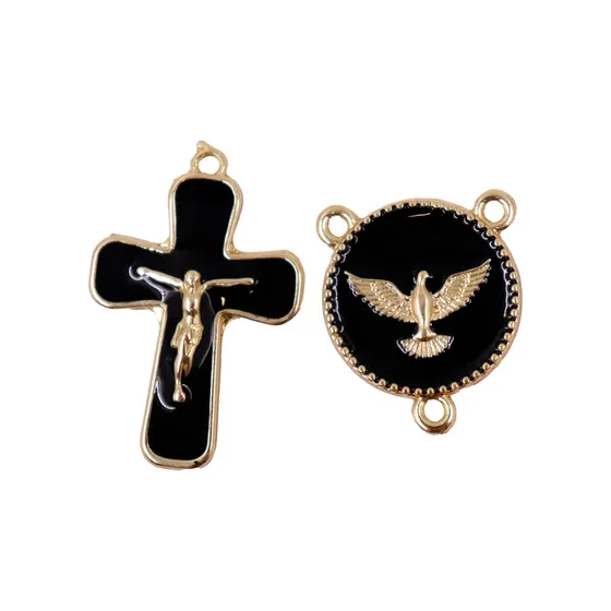Kit Crucifixo E Entremeio (Espirito Santo) Para Terco Em Zamac Com 05 Pares
