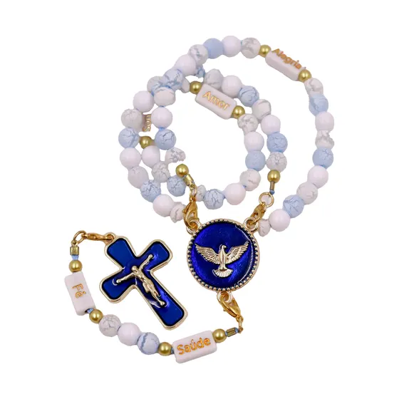 Kit Crucifixo E Entremeio (Espirito Santo) Para Terco Em Zamac Com 05 Pares - Azul Royal