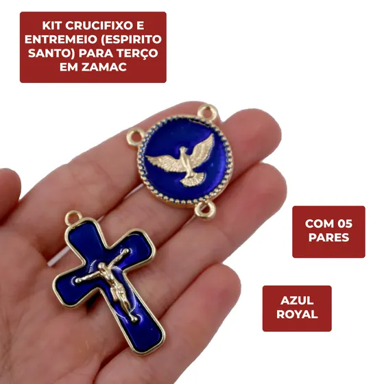 Kit Crucifixo E Entremeio (Espirito Santo) Para Terco Em Zamac Com 05 Pares - Azul Royal