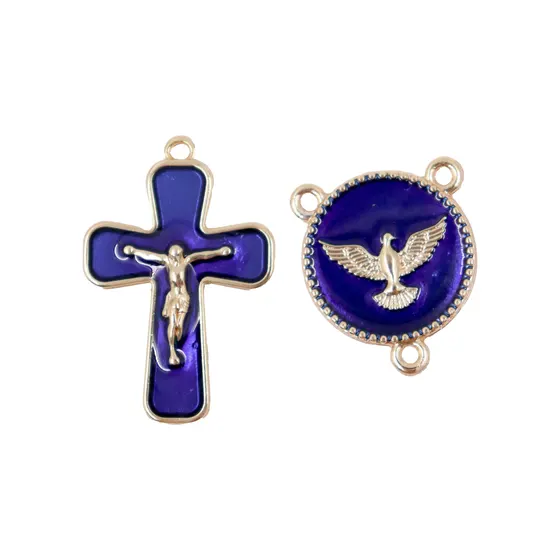 Kit Crucifixo E Entremeio (Espirito Santo) Para Terco Em Zamac Com 05 Pares - Azul Royal