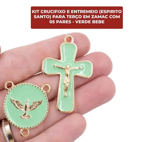 Kit Crucifixo E Entremeio (Espirito Santo) Para Terco Em Zamac Com 05 Pares - Verde Bebe