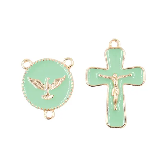 Kit Crucifixo E Entremeio (Espirito Santo) Para Terco Em Zamac Com 05 Pares - Verde Bebe