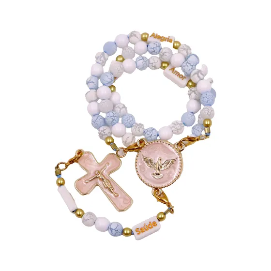 Kit Crucifixo E Entremeio (Espirito Santo) Para Terco Em Zamac Com 05 Pares
