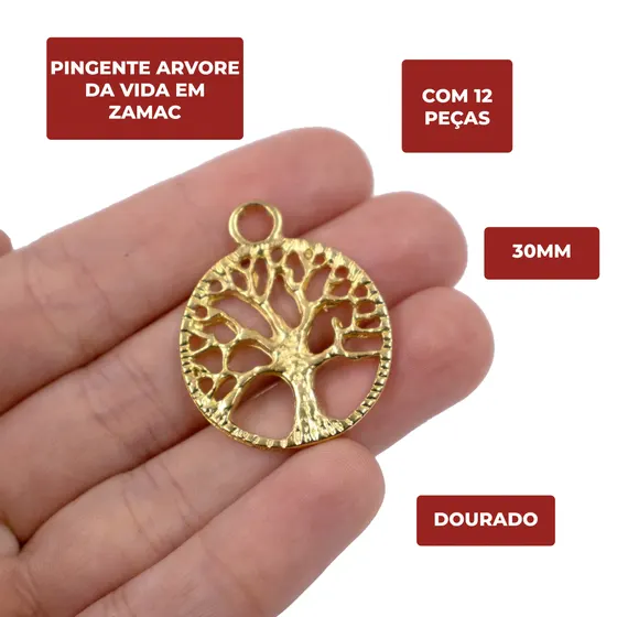 Pingente Arvore Da Vida 30Mm Em Zamac Com 12 Pecas - Dourado