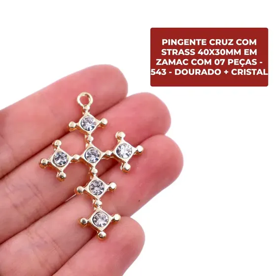 Pingente Cruz Com Strass 40X30Mm Em Zamac Com 07 Pecas