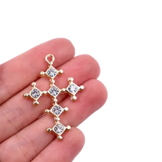 Pingente Cruz Com Strass 40X30Mm Em Zamac Com 07 Pecas
