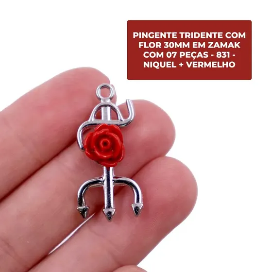 Pingente Tridente Com Flor 30Mm Em Zamak Com 07 Pecas