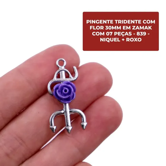 Pingente Tridente Com Flor 30Mm Em Zamak Com 07 Pecas