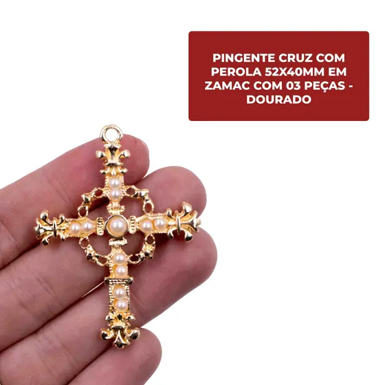 Pingente Cruz Com Perola 52X40Mm Em Zamac Com 07 Pecas - Dourado