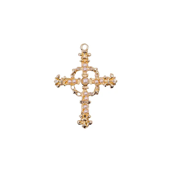 Pingente Cruz Com Perola 52X40Mm Em Zamac Com 07 Pecas - Dourado