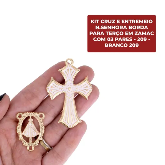 Kit Cruz E Entremeio N.Senhora Borda Para Terco Em Zamac Com 03 Pares 209 - Branco Z9