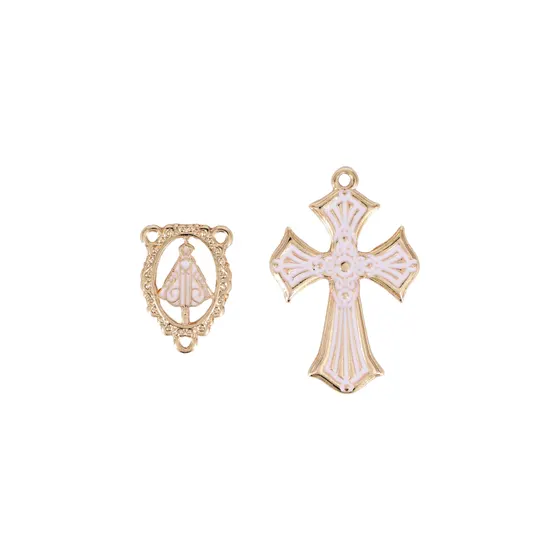 Kit Cruz E Entremeio N.Senhora Borda Para Terco Em Zamac Com 03 Pares 209 - Branco Z9