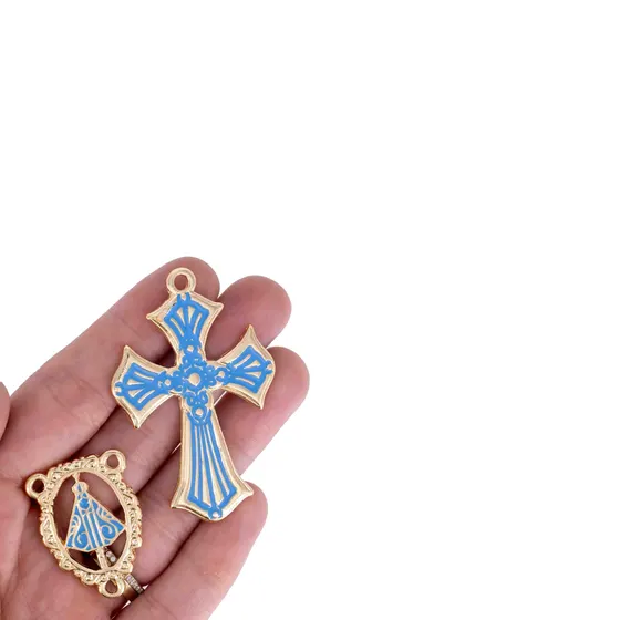 Kit Cruz E Entremeio N.Senhora Borda Para Terco Em Zamac Com 03 Pares