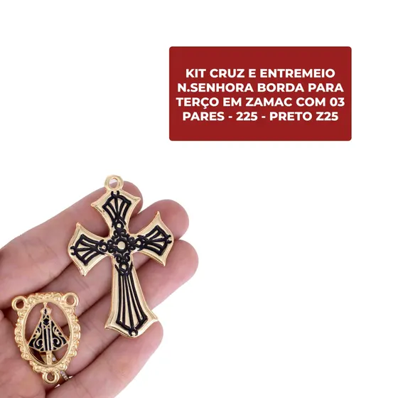 Kit Cruz E Entremeio N.Senhora Borda Para Terco Em Zamac Com 03 Pares