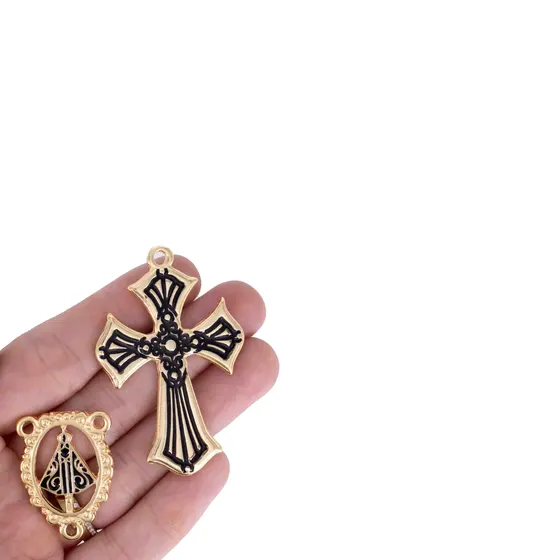 Kit Cruz E Entremeio N.Senhora Borda Para Terco Em Zamac Com 03 Pares