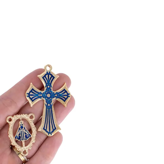 Kit Cruz E Entremeio N.Senhora Borda Para Terco Em Zamac Com 03 Pares