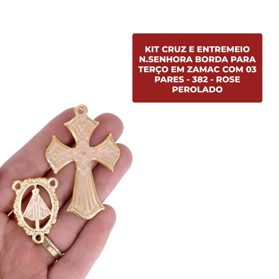 Kit Cruz E Entremeio N.Senhora Borda Para Terco Em Zamac Com 03 Pares