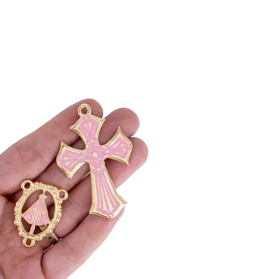 Kit Cruz E Entremeio N.Senhora Borda Para Terco Em Zamac Com 03 Pares - Rosa Claro