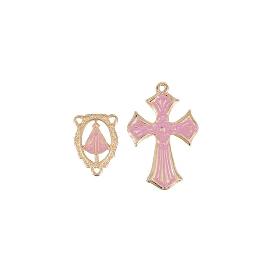 Kit Cruz E Entremeio N.Senhora Borda Para Terco Em Zamac Com 03 Pares - Rosa Claro