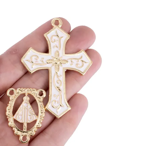Kit Cruz Floral E Entremeio Nossa Senhora Para Terco Em Zamac Com 03 Pares