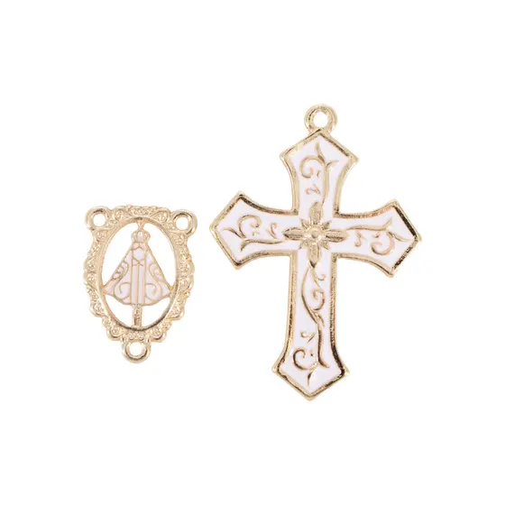 Kit Cruz Floral E Entremeio Nossa Senhora Para Terco Em Zamac Com 03 Pares