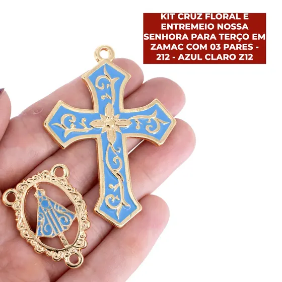 Kit Cruz Floral E Entremeio Nossa Senhora Para Terco Em Zamac Com 03 Pares
