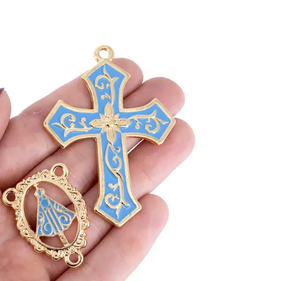 Kit Cruz Floral E Entremeio Nossa Senhora Para Terco Em Zamac Com 03 Pares
