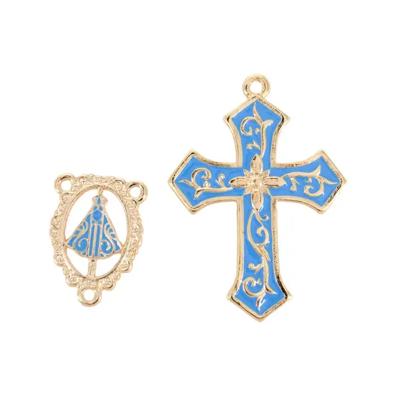 Kit Cruz Floral E Entremeio Nossa Senhora Para Terco Em Zamac Com 03 Pares