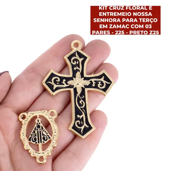 Kit Cruz Floral E Entremeio Nossa Senhora Para Terco Em Zamac Com 03 Pares