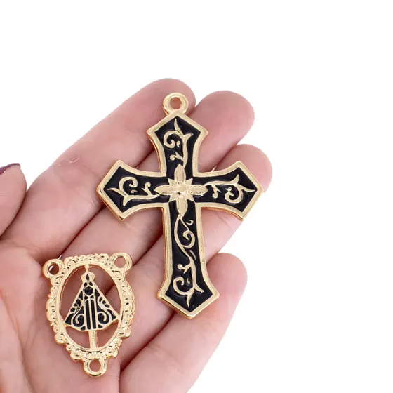Kit Cruz Floral E Entremeio Nossa Senhora Para Terco Em Zamac Com 03 Pares