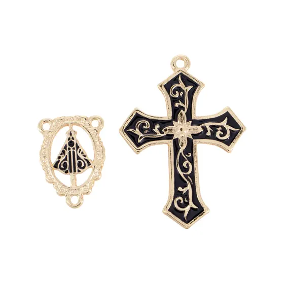 Kit Cruz Floral E Entremeio Nossa Senhora Para Terco Em Zamac Com 03 Pares
