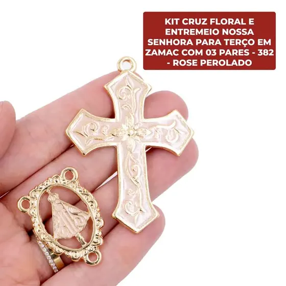 Kit Cruz Floral E Entremeio Nossa Senhora Para Terco Em Zamac Com 03 Pares