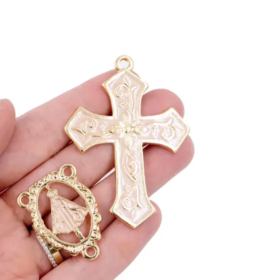 Kit Cruz Floral E Entremeio Nossa Senhora Para Terco Em Zamac Com 03 Pares