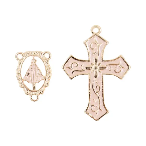 Kit Cruz Floral E Entremeio Nossa Senhora Para Terco Em Zamac Com 03 Pares