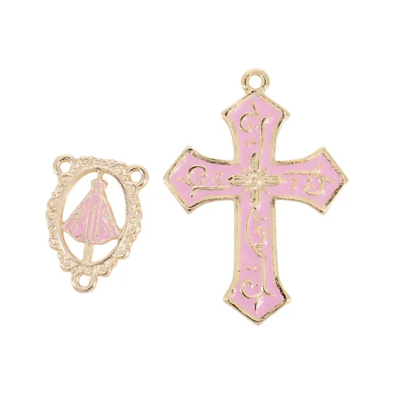 Kit Cruz Floral E Entremeio Nossa Senhora Para Terco Em Zamac Com 03 Pares - Rosa Claro