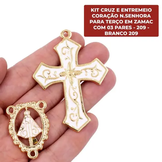 Kit Cruz E Entremeio Coracao N.Senhora Para Terco Em Zamac Com 03 Pares