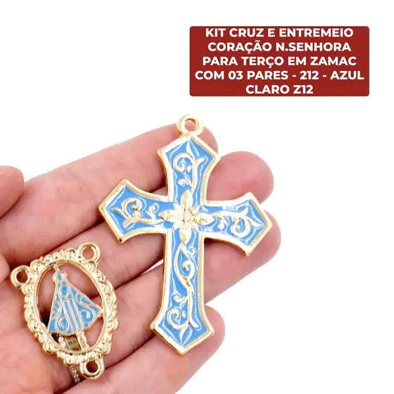 Kit Cruz E Entremeio Coracao N.Senhora Para Terco Em Zamac Com 03 Pares