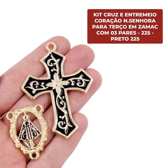 Kit Cruz E Entremeio Coracao N.Senhora Para Terco Em Zamac Com 03 Pares