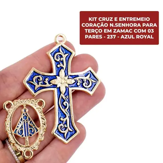 Kit Cruz E Entremeio Coracao N.Senhora Para Terco Em Zamac Com 03 Pares