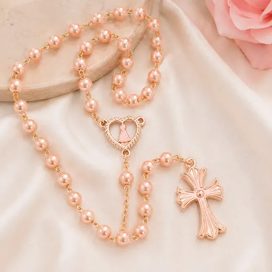 Kit Cruz E Entremeio Coracao N.Senhora Para Terco Em Zamac Com 03 Pares - 382 Rose Perolado