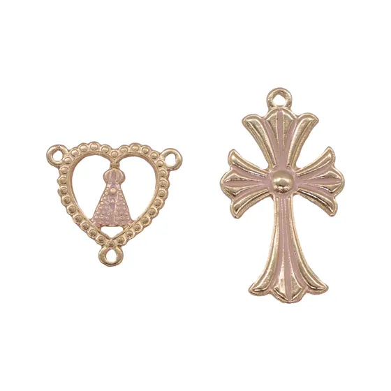 Kit Cruz E Entremeio Coracao N.Senhora Para Terco Em Zamac Com 03 Pares - 382 Rose Perolado