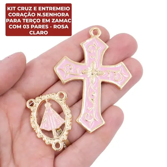 Kit Cruz E Entremeio Coracao N.Senhora Para Terco Em Zamac Com 03 Pares - Rosa Claro