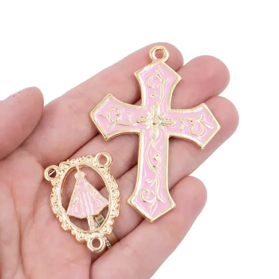 Kit Cruz E Entremeio Coracao N.Senhora Para Terco Em Zamac Com 03 Pares - Rosa Claro