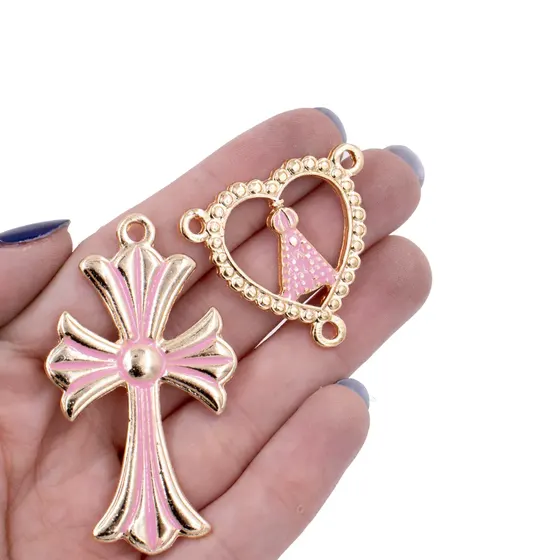 Kit Cruz E Entremeio Coracao N.Senhora Para Terco Em Zamac Com 03 Pares - Rosa Claro